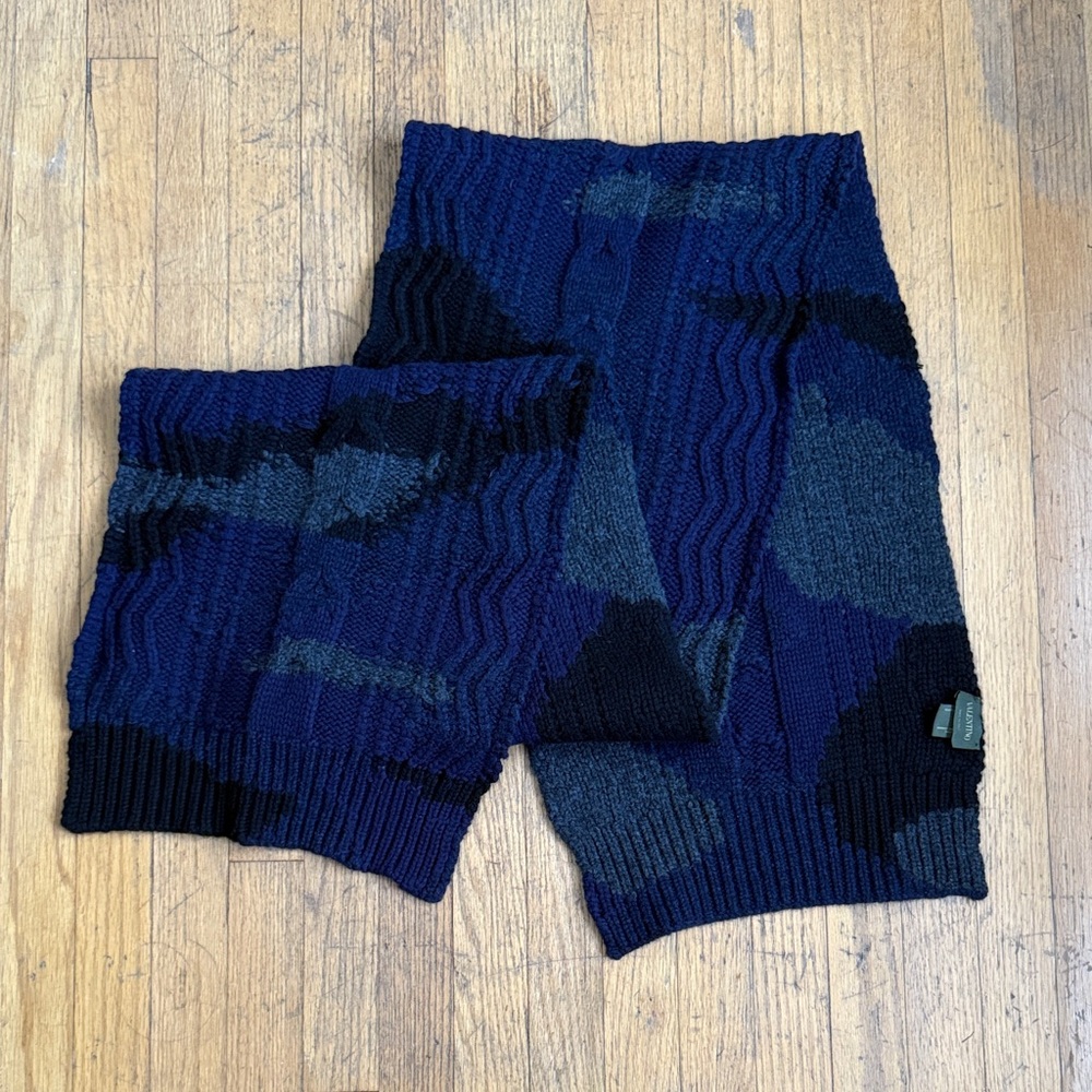 Valentino Blue & Black Cable Knit Scarf - Wool/Cashmere